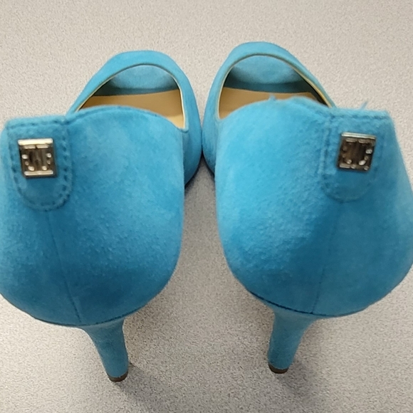 Ivanka Trump Teal Suede Open Toe Heels - Picture 6 of 7